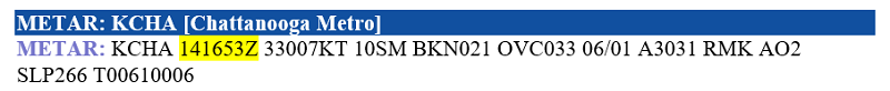 The figure above is the METeorological Aerodrome Report METAR for Chattanooga, TN. The observation was made on the 14th day of the month at 1653Z (highlighted in yellow). Reading this, you know that at 1653Z the wind was blowing from: